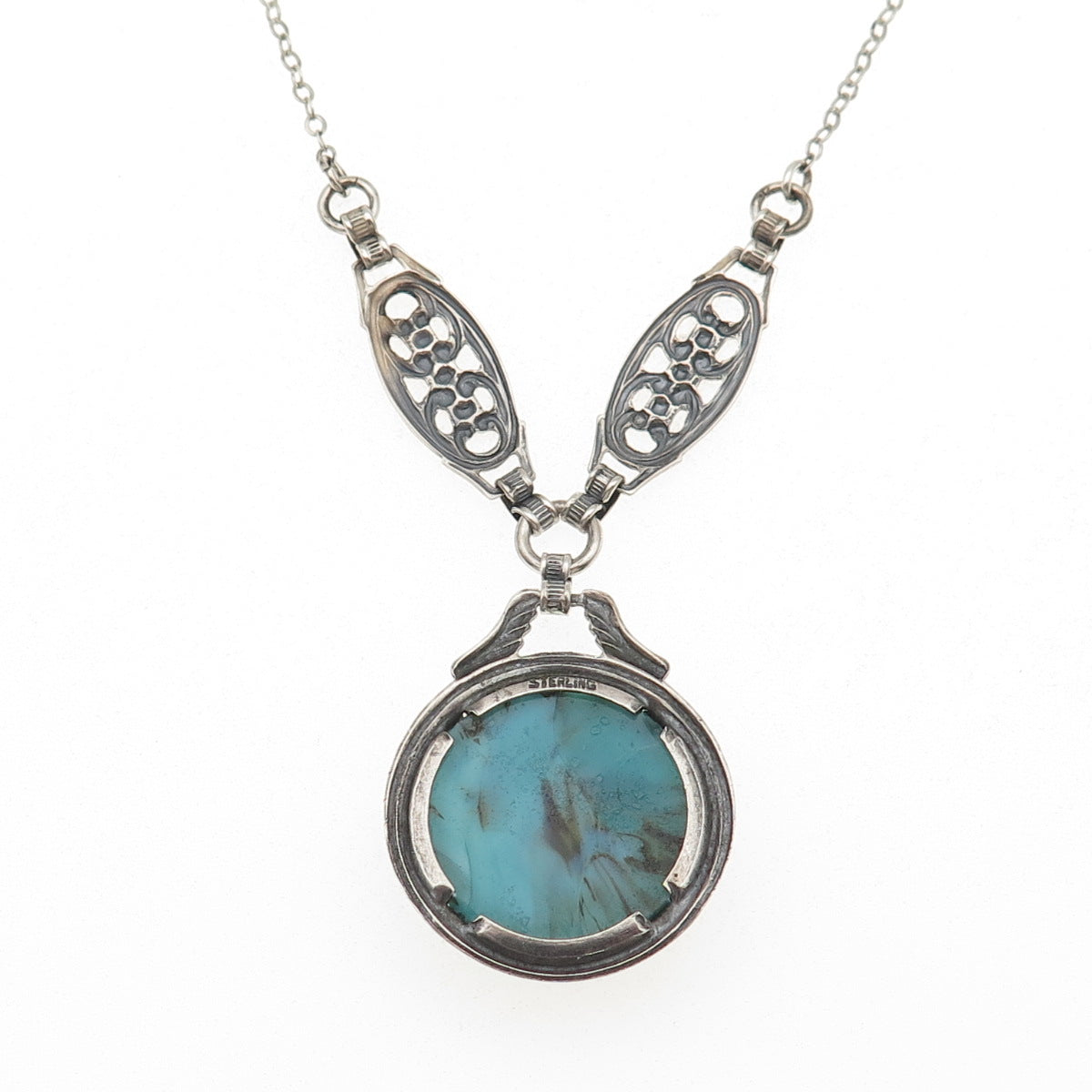 925 Sterling Silver Vintage Faux Turquoise Floral Cable Chain Necklace 16"