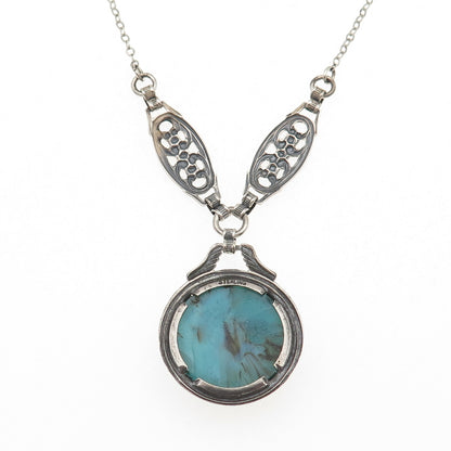 925 Sterling Silver Vintage Faux Turquoise Floral Cable Chain Necklace 16"