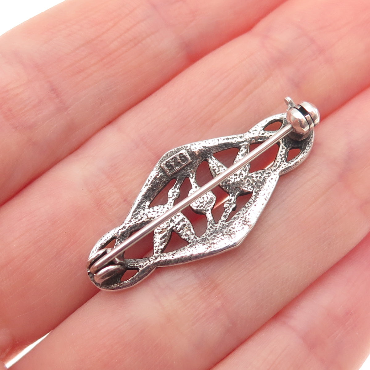 925 Sterling Silver Vintage Faux Pearl & Rhinestone Floral Oxidized Pin Brooch