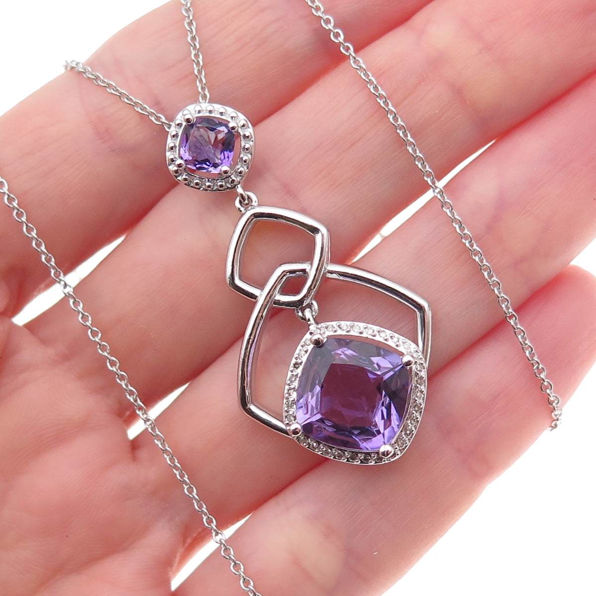 925 Sterling Silver Real Diamond & Amethyst Cable Chain Necklace 18"