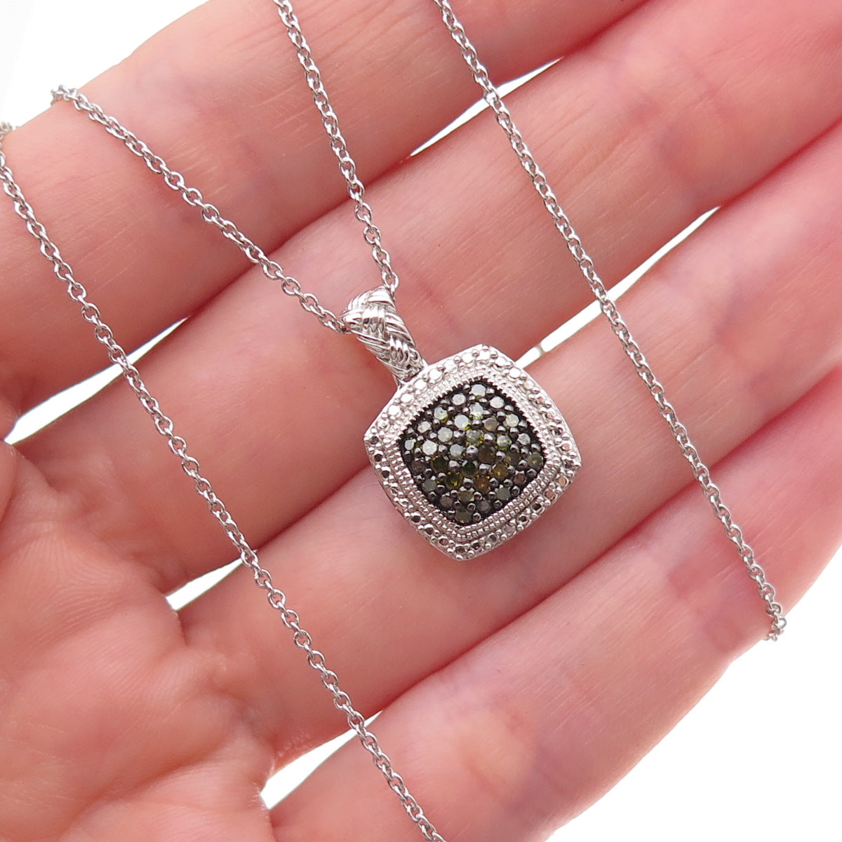 Joseph Schmid 925 Sterling Silver Real Green Diamond Cable Chain Necklace 18"