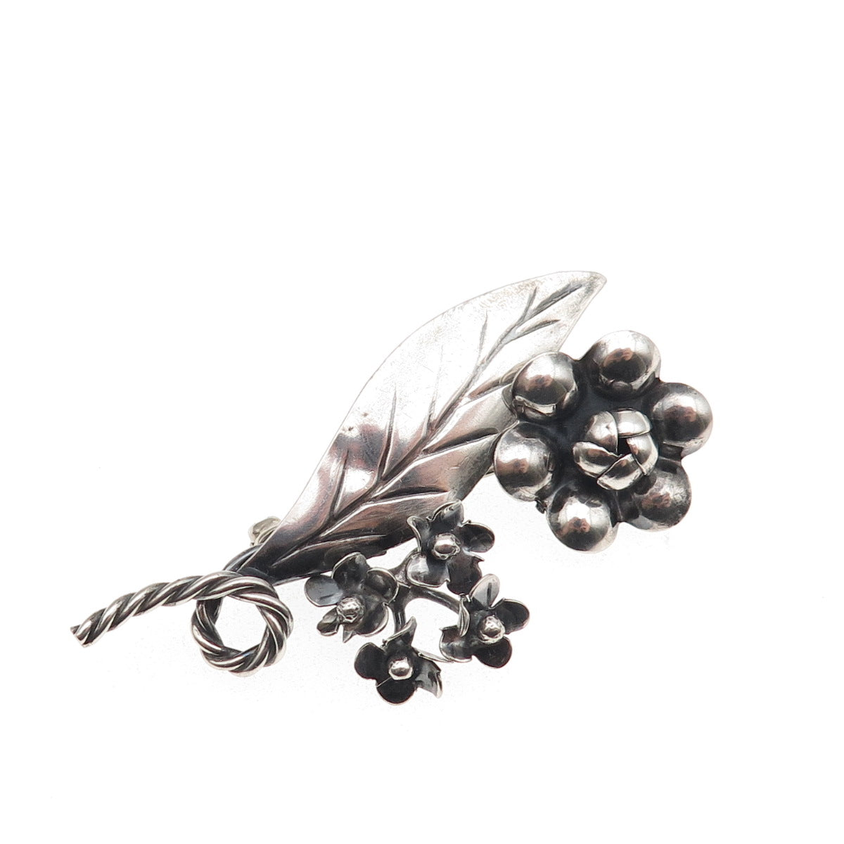 925 Sterling Silver Vintage Floral Oxidized Handmade Pin Brooch