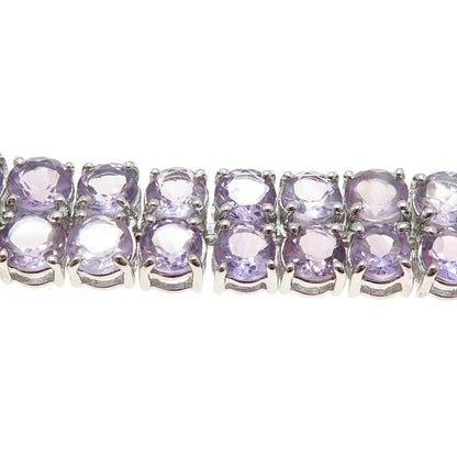 925 Sterling Silver Round-Cut Amethyst Gem 2-Row Tennis Link Bracelet 7.5"