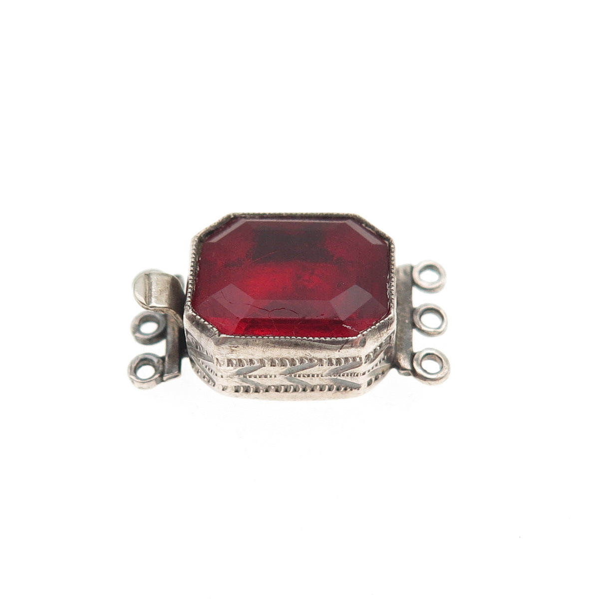 925 Sterling Silver Antique Art Deco Red Rhinestone Bracelet / Necklace Box Lock