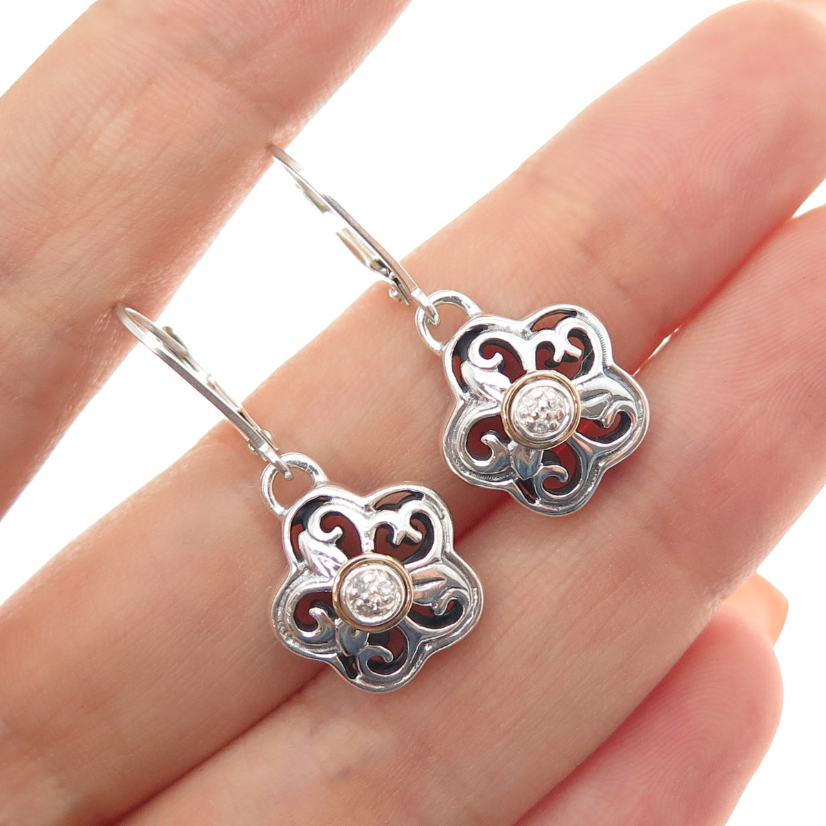 925 Sterling Silver 14K Gold Real Round-Cut Diamond Flower Dangle Earrings