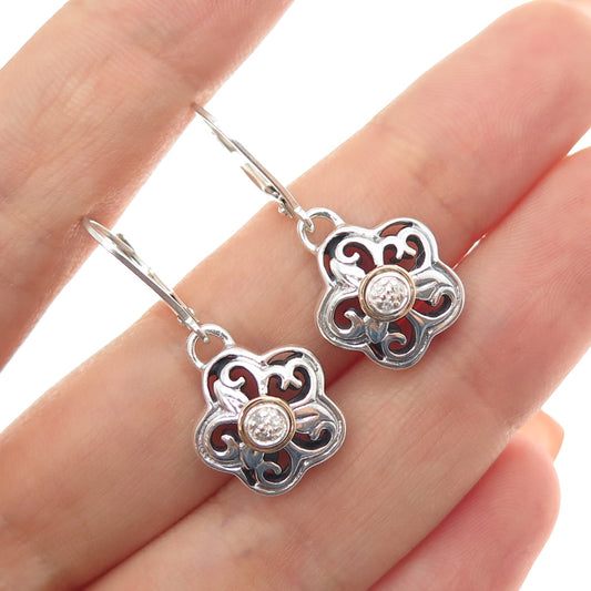 925 Sterling Silver 14K Gold Real Round-Cut Diamond Flower Dangle Earrings