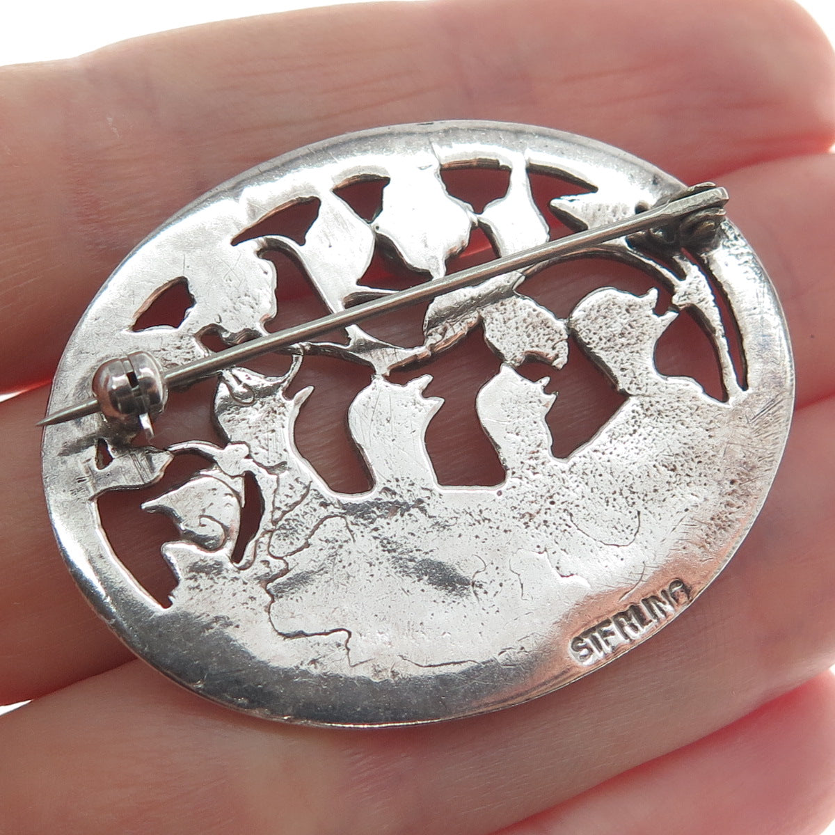 925 Sterling Silver Vintage Real Tourmaline Bird Nest Oxidized Pin Brooch