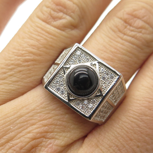 925 Sterling Silver Real Black Onyx Gemstone & C Z Ring Size 9.25