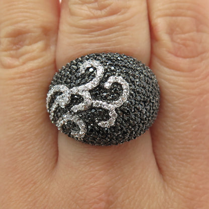 925 Sterling Silver Real Round-Cut Black Spinel & C Z Swirl Dome Ring Size 7.25