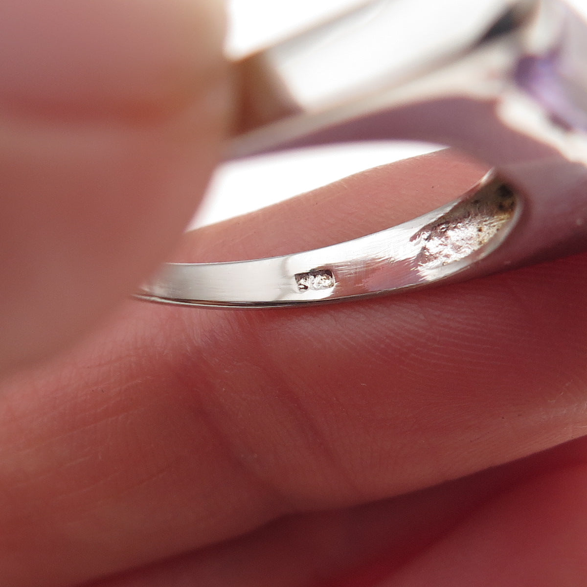 925 Sterling Silver Vintage Real Emerald-Cut Amethyst Modernist Ring Size 6.75