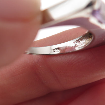 925 Sterling Silver Vintage Real Emerald-Cut Amethyst Modernist Ring Size 6.75