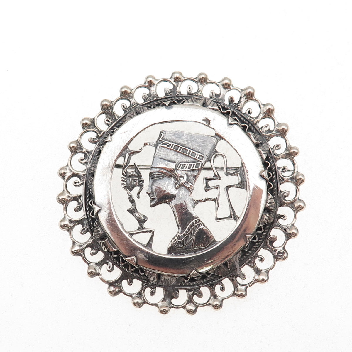 800 Silver Antique Art Deco Egyptian Nefertiti Oxidized Pin Brooch