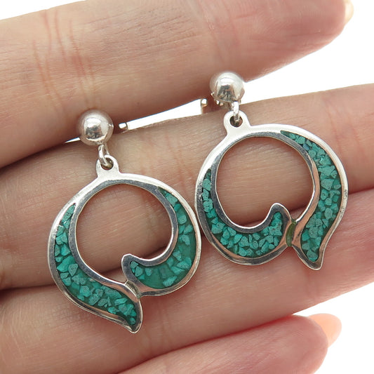 925 Sterling Silver Vintage Mexico Turquoise Gem Inlay Tribal Dangle Earrings