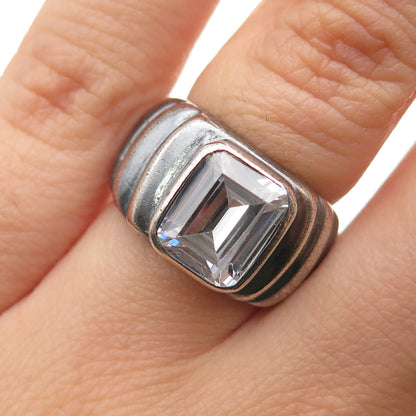 925 Sterling Silver Vintage Emerald-Cut C Z Modernist Oxidized Ring Size 6