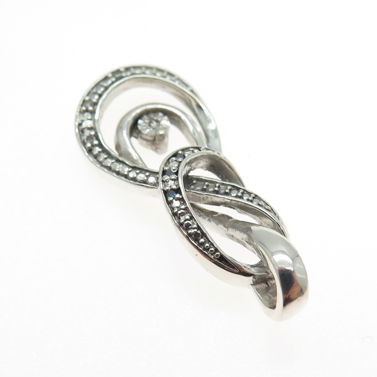 925 Sterling Silver Real Round-Cut Blue & White Diamond Twisted Knot Pendant