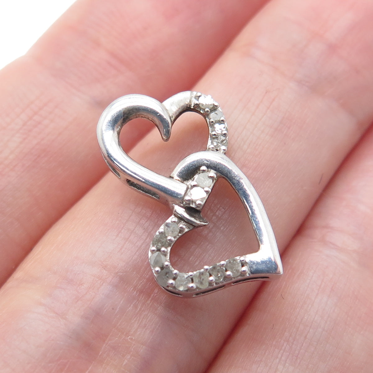 925 Sterling Silver Real Diamond Double Heart Minimalist Slide Pendant