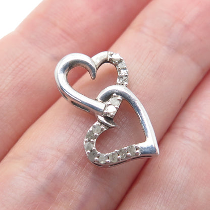925 Sterling Silver Real Diamond Double Heart Minimalist Slide Pendant