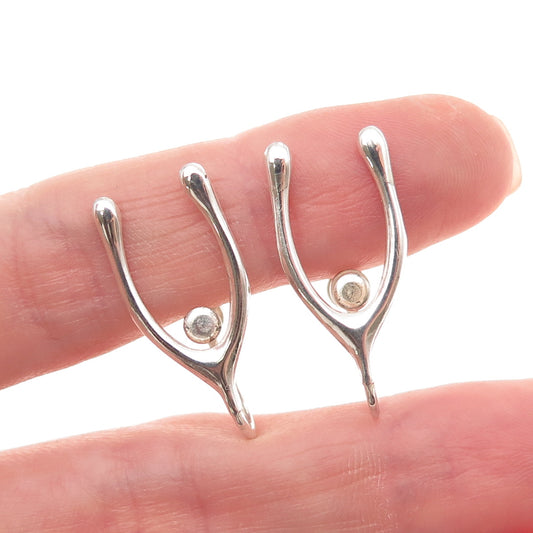 925 Sterling Silver Vintage Wishbone Good Luck Oxidized Screw Back Earrings
