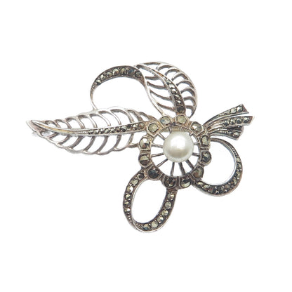925 Sterling 2-Tone Antique Real Pear & Marcasite Leaf Brooch (missing 1 stone)