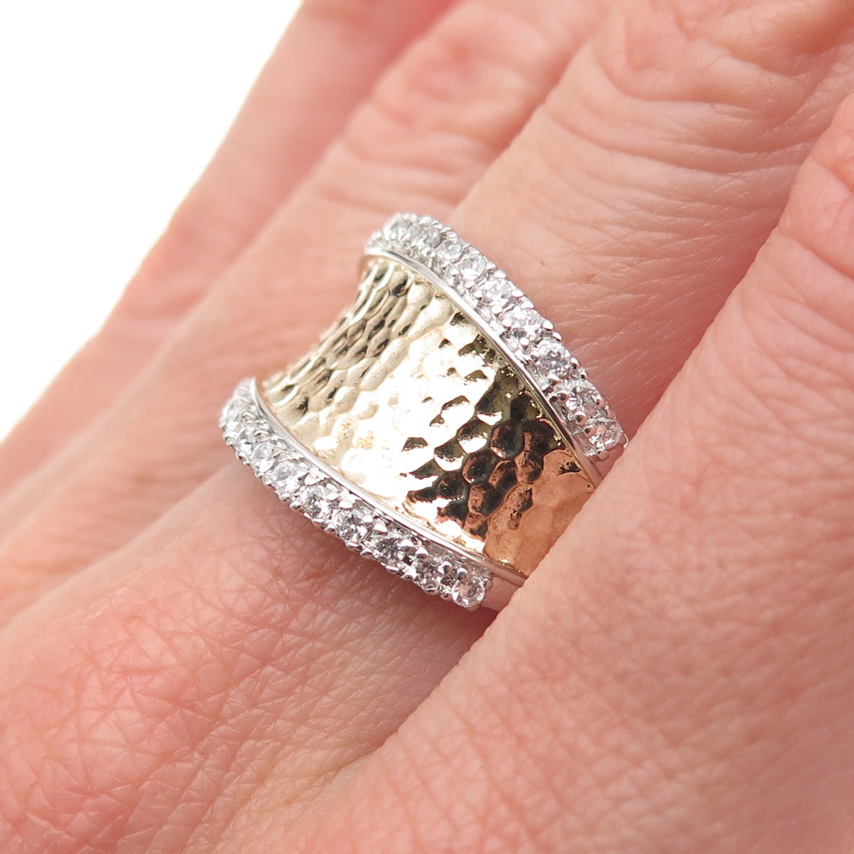 ESPO Joseph Esposito 925 Sterling Silver 2-Tone C Z Hammered Ring Size 8.25