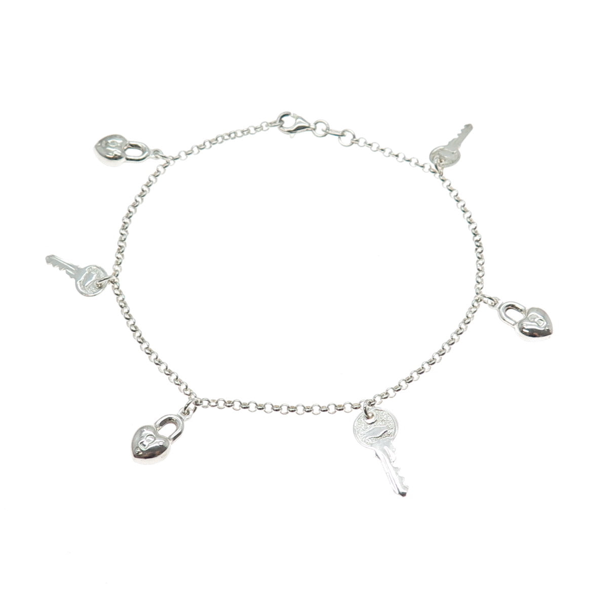 925 Sterling Silver Vintage Key & Heart Charm Rolo Link Anklet / Bracelet 9"