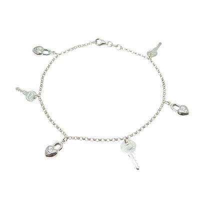 925 Sterling Silver Vintage Key & Heart Charm Rolo Link Anklet / Bracelet 9"