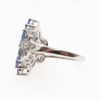 925 Sterling Silver Real Tanzanite & White Topaz Cluster Ring Size 8