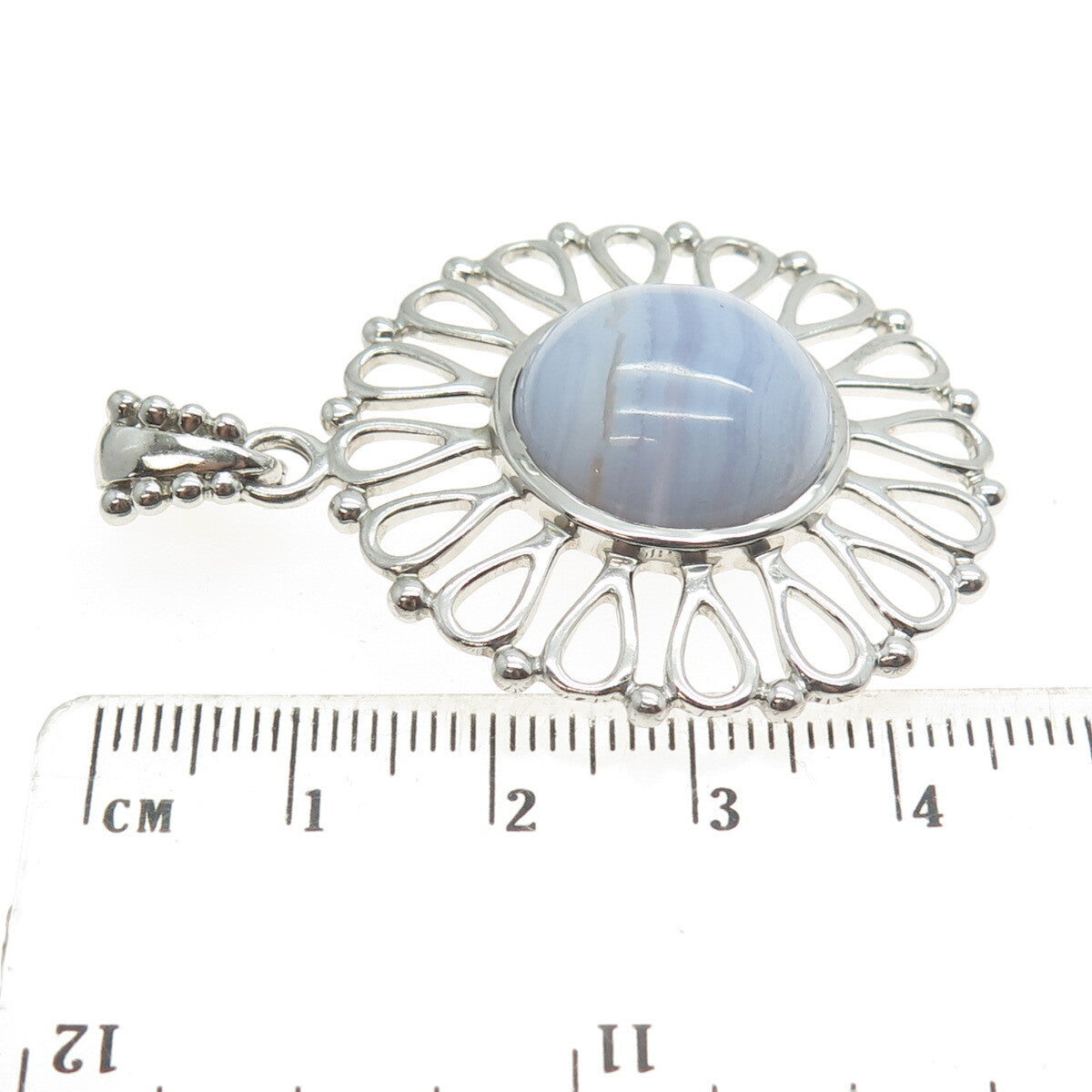 925 Sterling Silver Vintage Real Cabochon Blue Lace Agate Flower Pendant