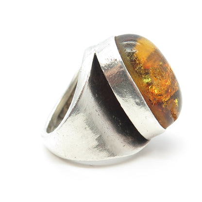 925 Sterling Silver Vintage Real Amber Domed Ring Size 6.75