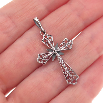 925 Sterling Silver Antique Art Deco Faux Pearl Cross Filigree Charm Pendant