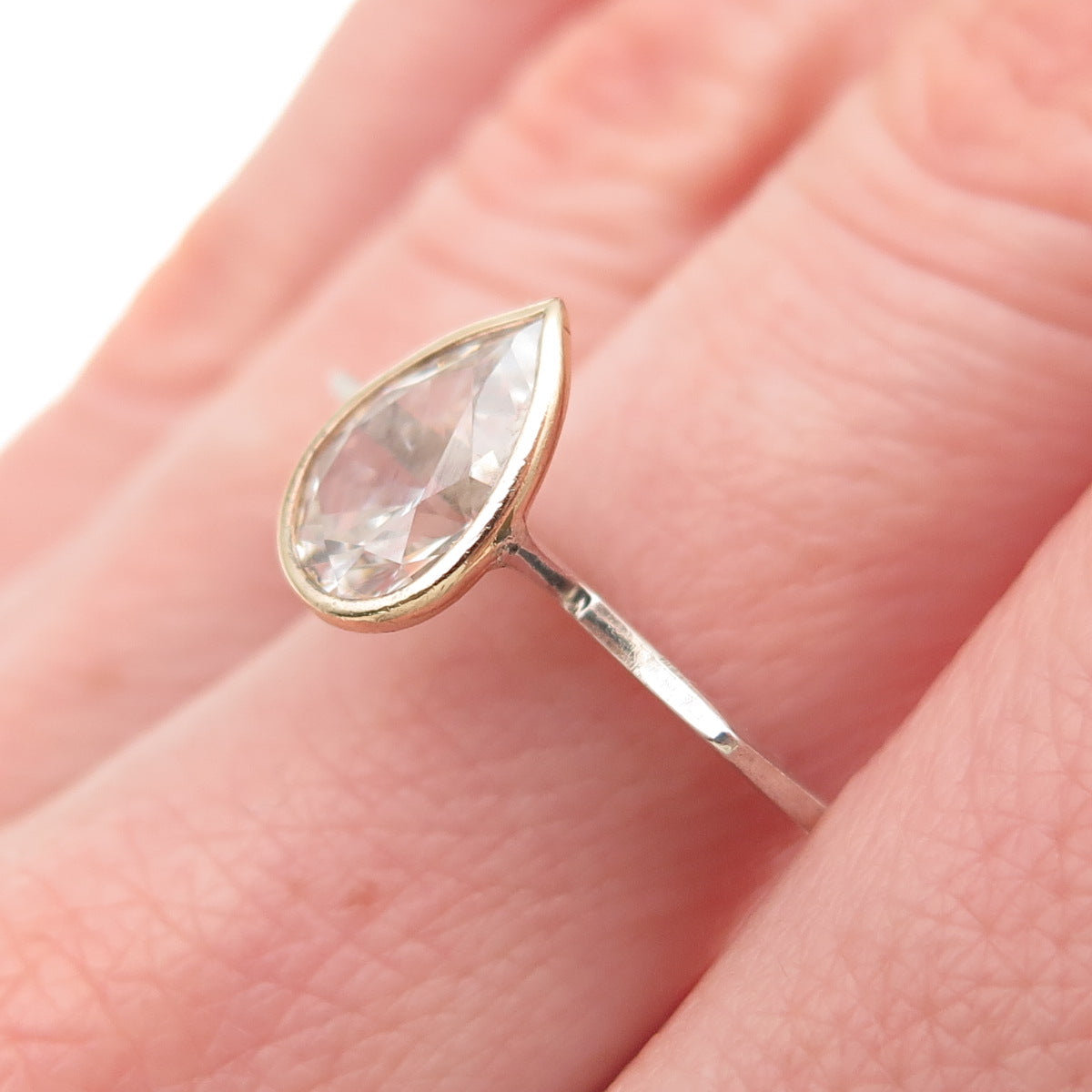 925 Sterling Silver 14K Gold Vintage Pear-Cut C Z Modernist Ring Size 6