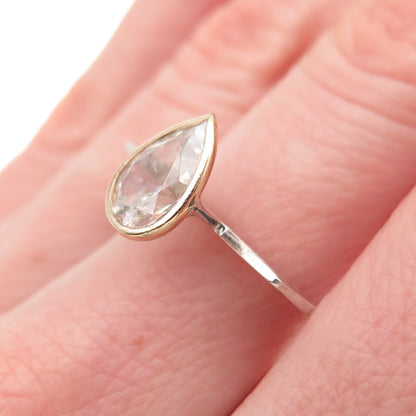 925 Sterling Silver 14K Gold Vintage Pear-Cut C Z Modernist Ring Size 6