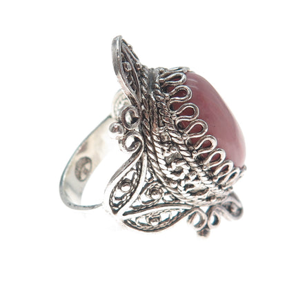 925 Sterling Silver Vintage Real Rhodochrosite Filigree Ring Size 9.25