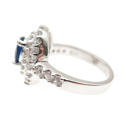 925 Sterling Silver Oval-Cut Blue & Round-Cut White C Z Ring Size 6