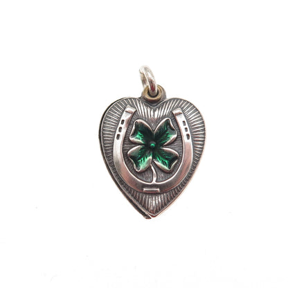 925 Sterling Antique Enamel Clover Horseshoe Chatelaine Heart Mini Slide Pendant