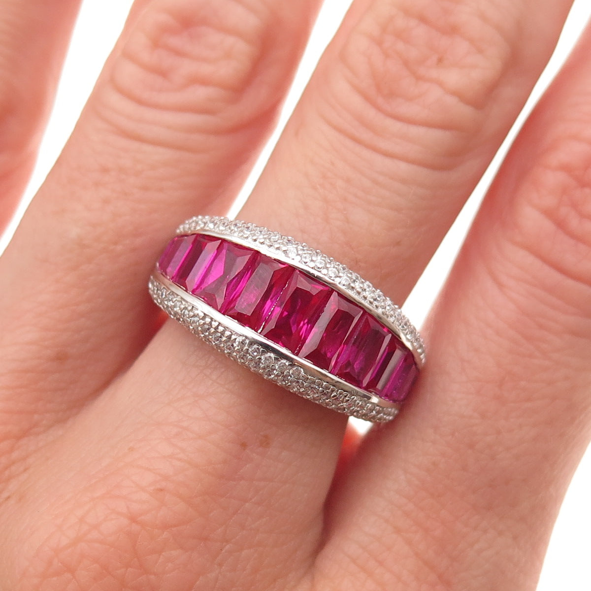 925 Sterling Silver Lab-Created Ruby & C Z Ring Size 8
