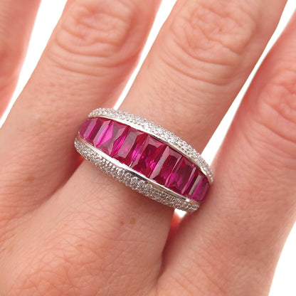 925 Sterling Silver Lab-Created Ruby & C Z Ring Size 8