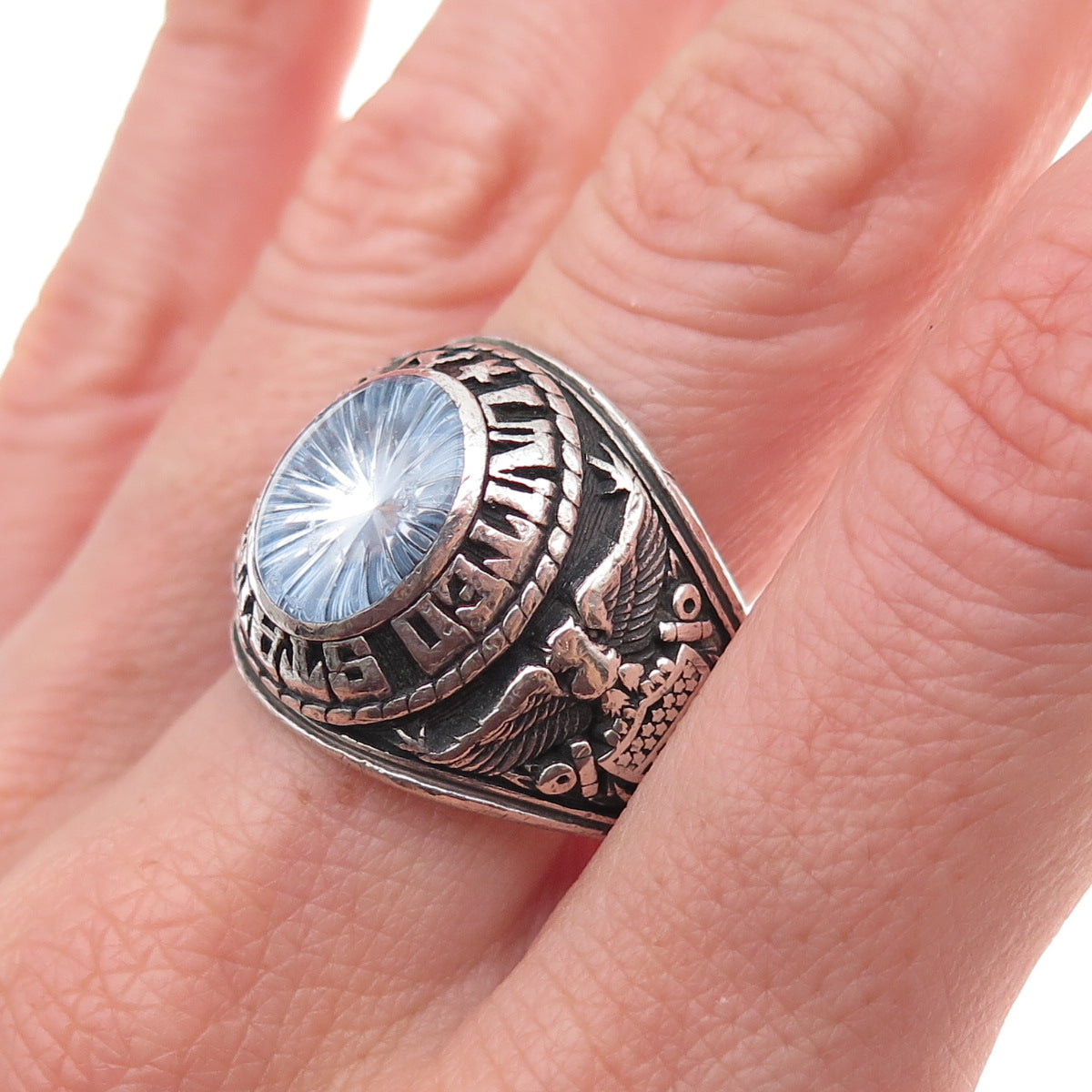 Jostens 925 Sterling Silver Vintage 1975 Blue C Z US Navy Ring Size 12.25