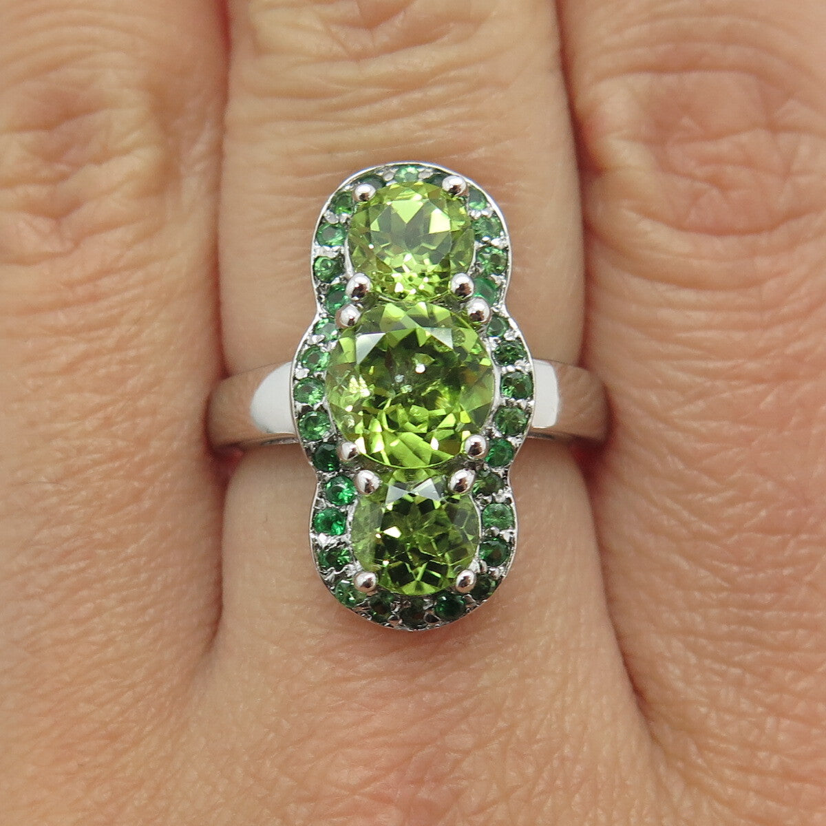 DSMK 925 Sterling Silver Real Round-Cut Peridot Green Tourmaline Ring Size 7.25