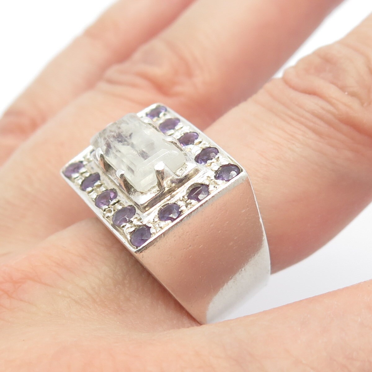 925 Sterling Silver Vintage Real Moonstone & Amethyst Gemstone Ring Size 6.25
