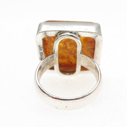 925 Sterling Silver Vintage Real Amber Modernist Ring Size 7.75