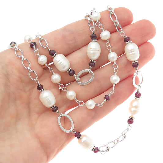 SX SALLY C 925 Sterling Vintage Real Amethyst & Pearl Multi-Chain Necklace 16"