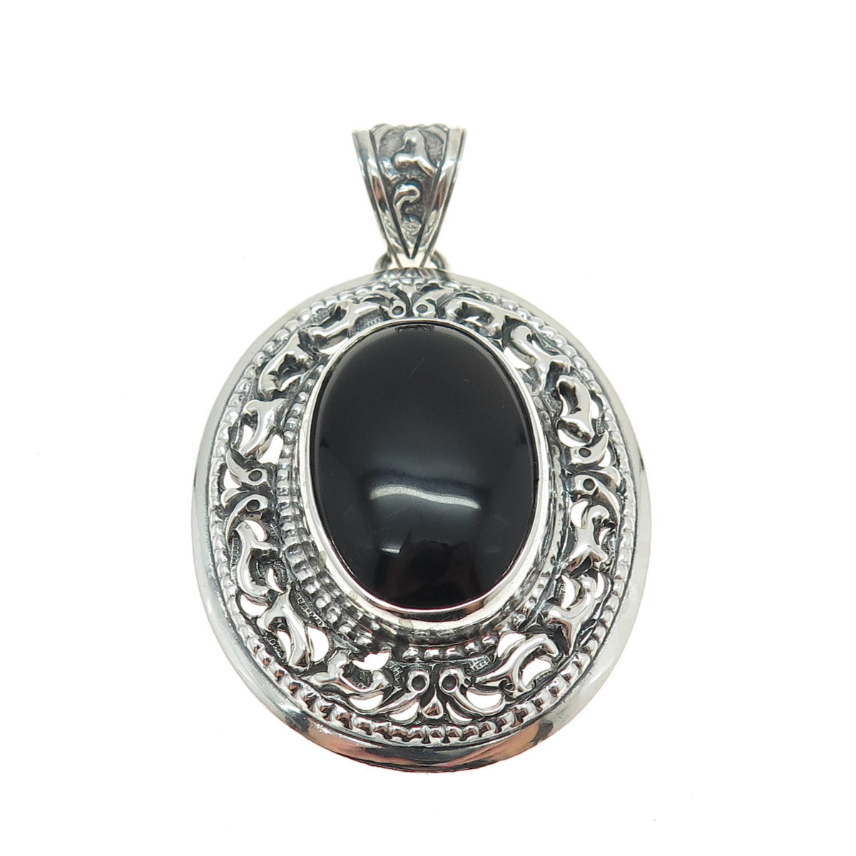 925 Sterling Silver Vintage Real Black Onyx Gemstone Ornate Pendant