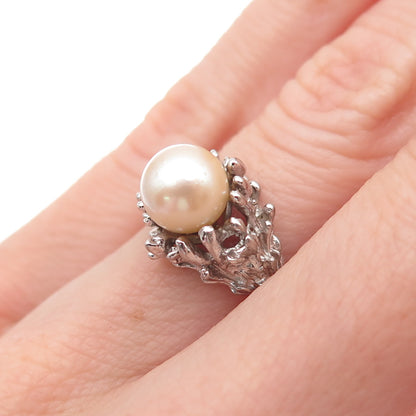 925 Sterling Silver Antique Art Deco Real Akoya Pearl Oxidized Ring Size 5.5