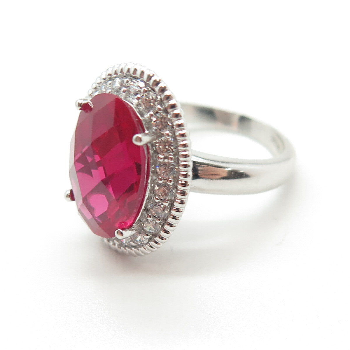 925 Sterling Silver Lab-Created Ruby & C Z Ring Size 7