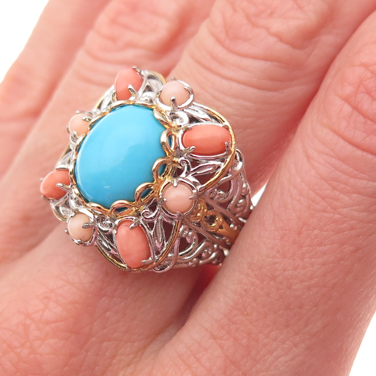 Michael Valitutti Gems En Vogue 925 Sterling Turquoise & Coral Ring Size 8.25