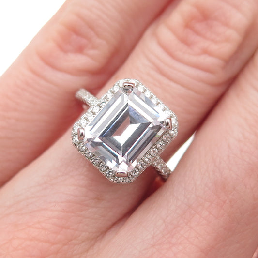 925 Sterling Silver Emerald & Round-Cut C Z Engagement Ring Size 5.25