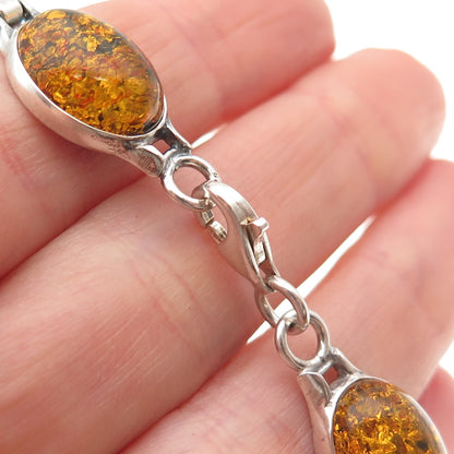 925 Sterling Silver Vintage Real Amber Celtic Knot Oxidized Bracelet 7.25"
