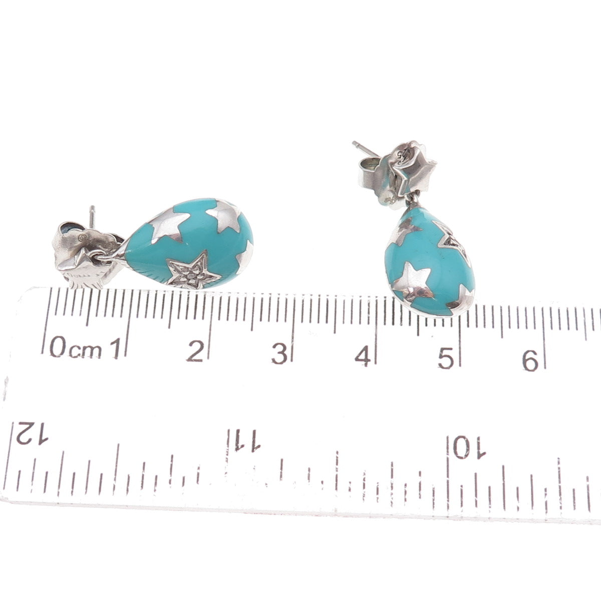 Angelique de Paris 925 Sterling Silver Enamel & C Z Star Dangle Earrings