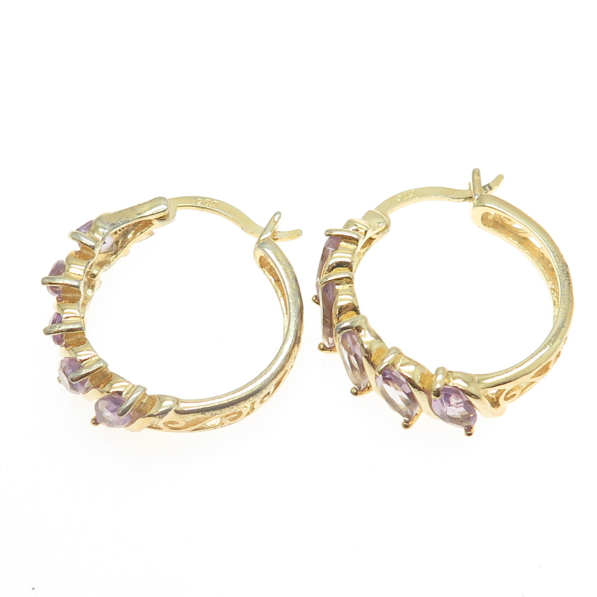 925 Sterling Silver Gold Plated Real Amethyst Gemstone Hinged Hoop Earrings